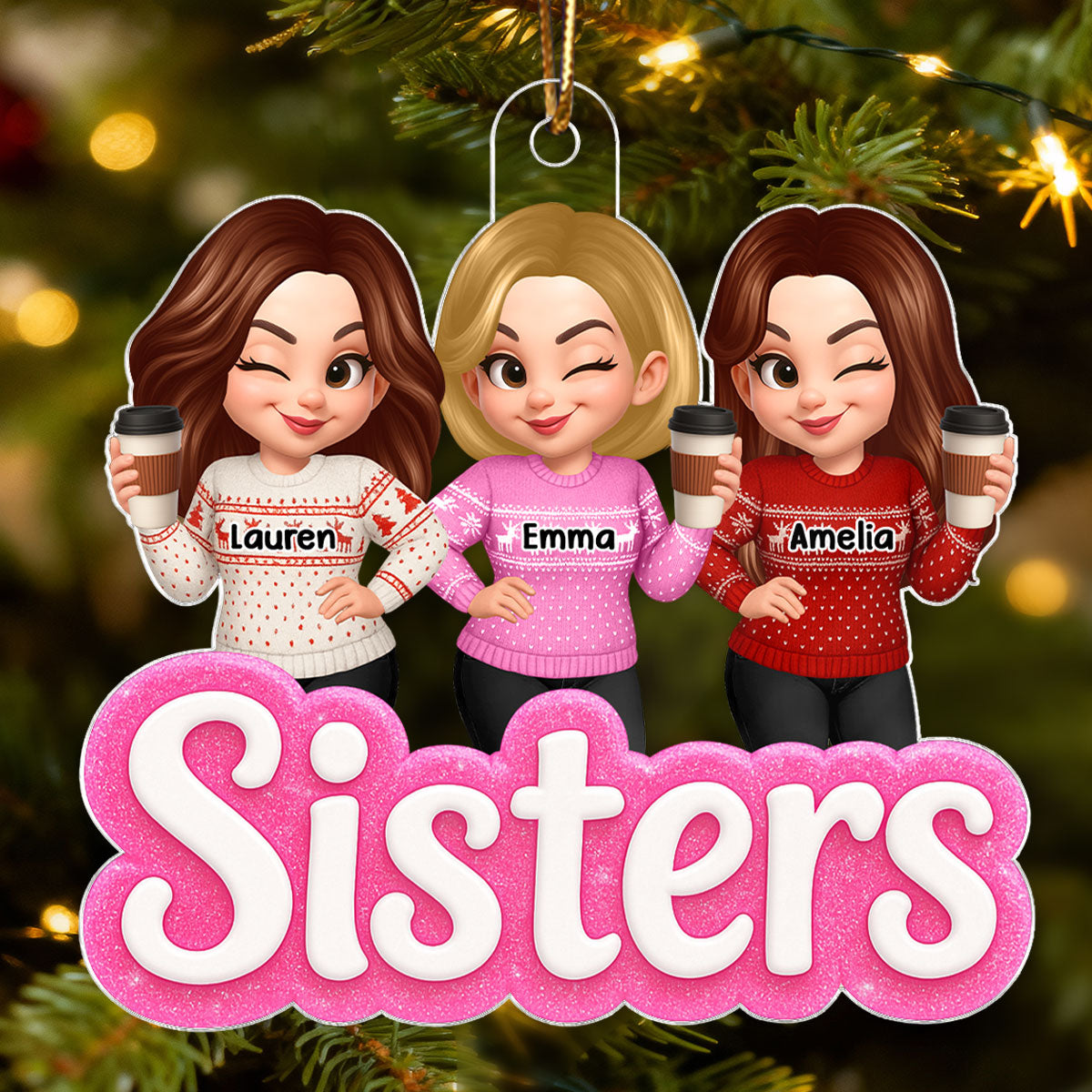 Pink Besties Sisters 3D Glitter Effect - Personalized Acrylic Ornament - Christmas Gift for Best Friends, for Sisters