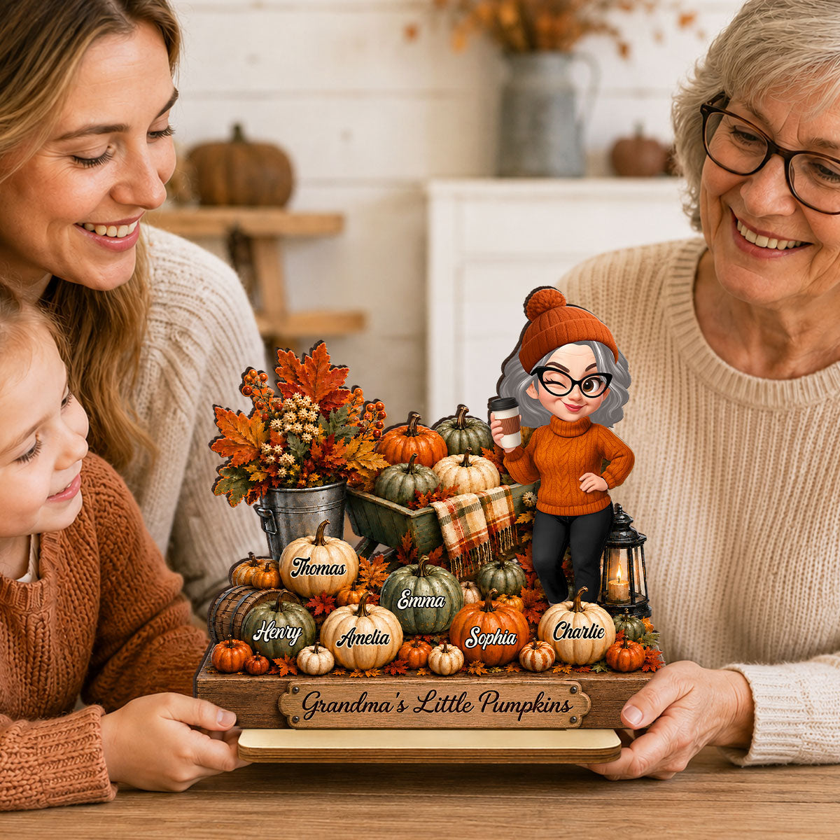 Pumpkin Wheelbarrow Grandma Grandkids - Personalized 2-Layered Wooden Plaque - Fall Season Decor Gift, Gift For Grandma