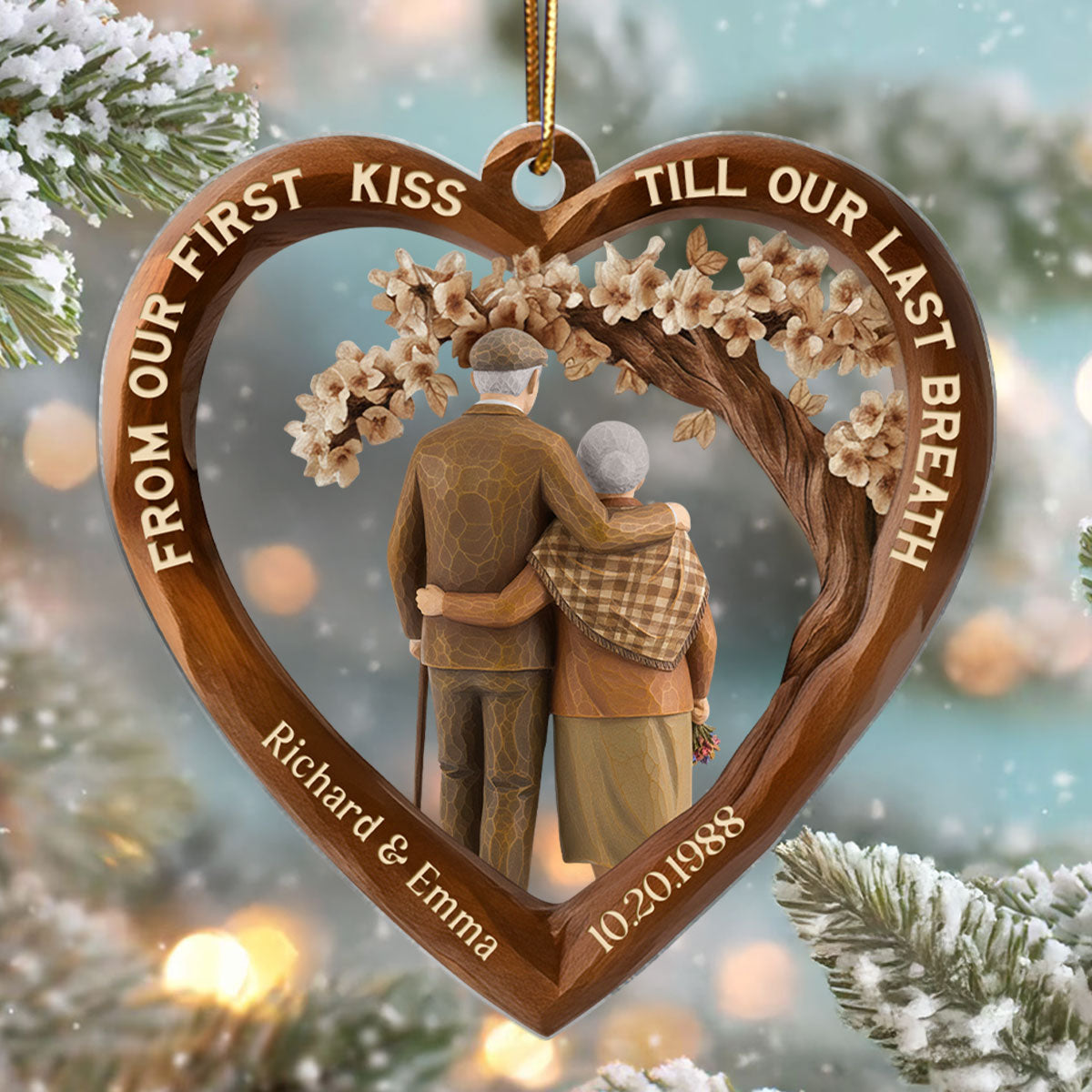 From Our First Kiss Till Our Last Breath Couple 3D Wooden Effect - Personalized Acrylic Ornament - Christmas Gift for Couples