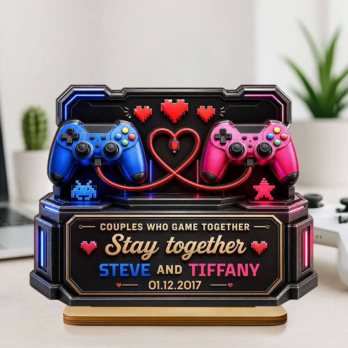 Couples Who Gamer Together Stay Together - Personalized 2-Layered Wooden Plaque - Heartfelt Anniversary Gift for Him, for Her