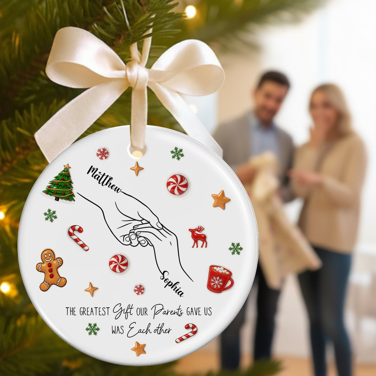 Sibling Hands Line Art - Personalized Ceramic Ornament - Christmas Gift For Brother, For Sister
