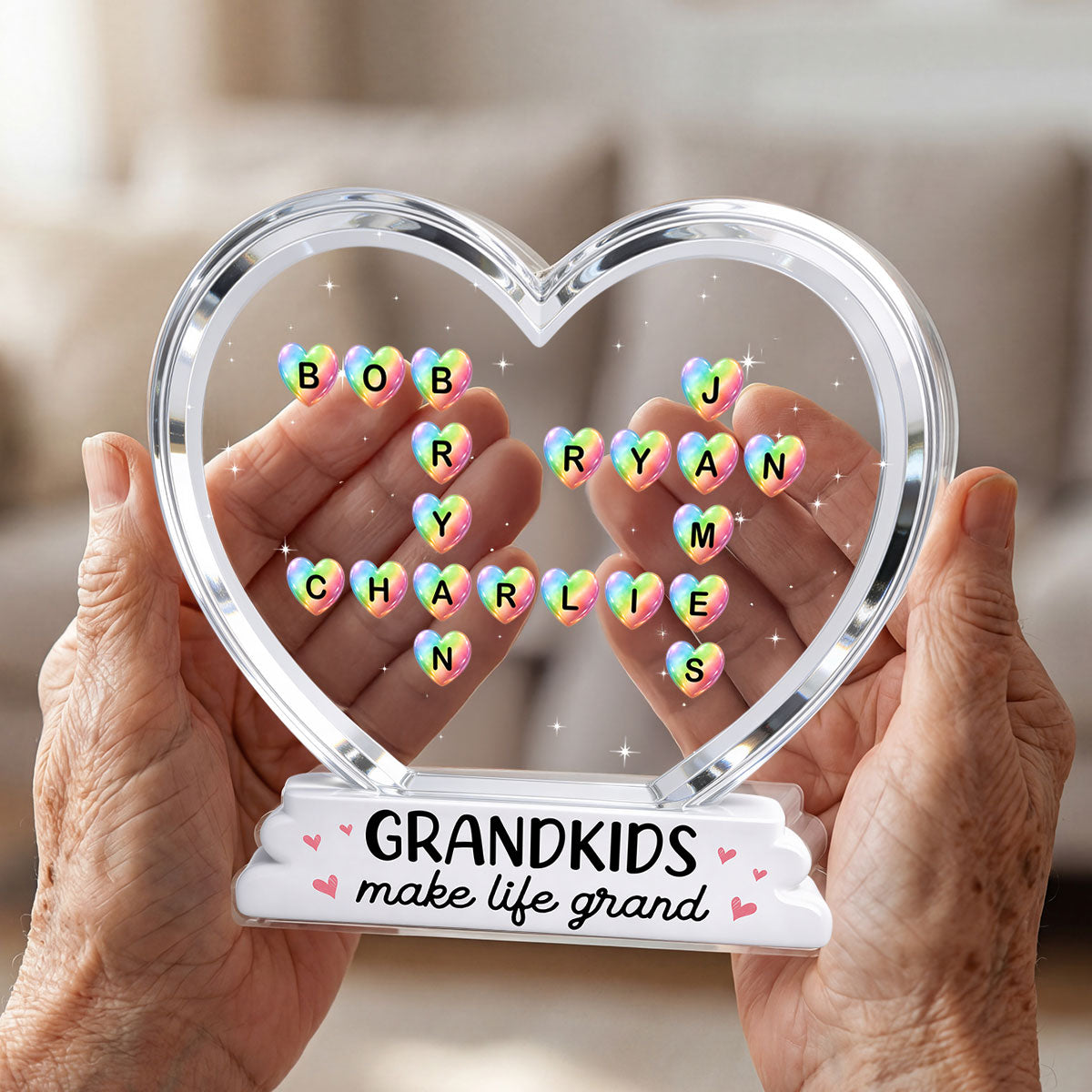 Grandkids Make Life Grand Crossword Puzzle Art Colorful Hearts 2D Flat - Personalized Acrylic Block Plaque - Gift For Grandma