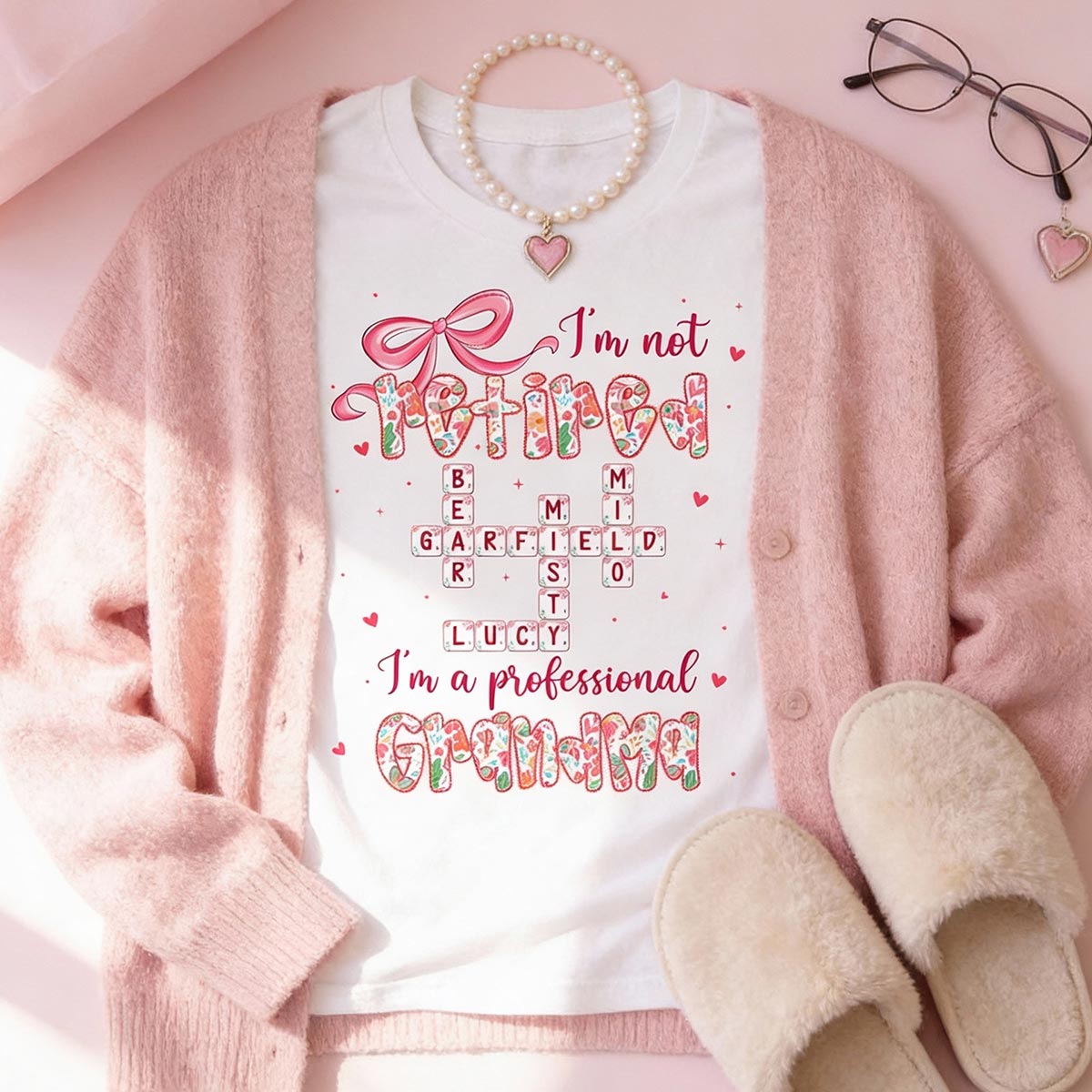 Coquette Not Retired Professional Grandma Crossword Art - Personalized Shirt - Gift For Grandma, Funny Shirt For Grandma