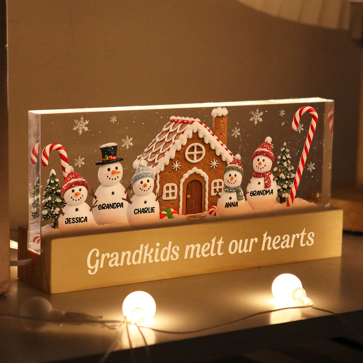 3D Effect Snowman Family Grandparents In Snow - Personalized Acrylic Block LED Night Light - Christmas Decor For Grandma, Family