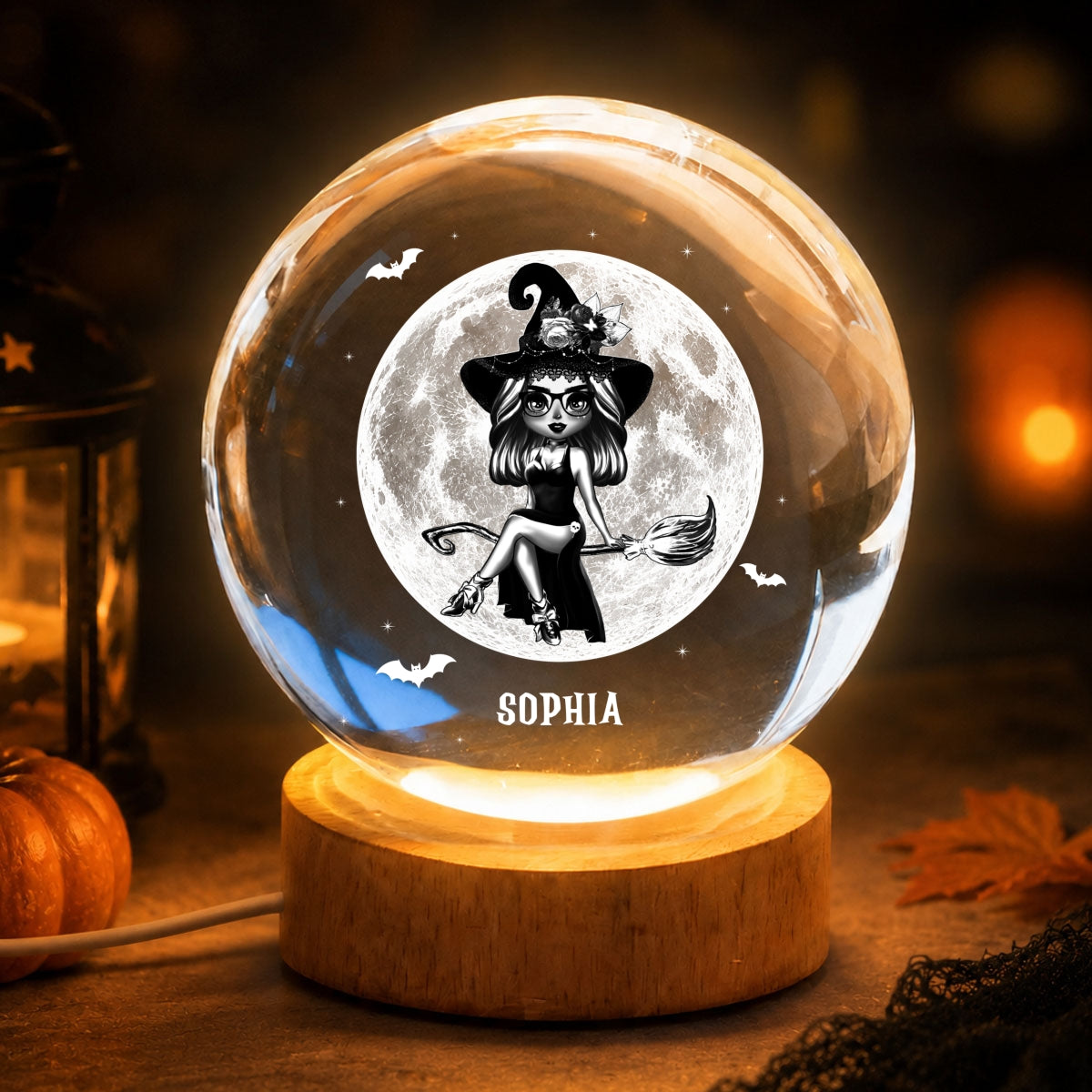 Witch On Broom Under Moon - Personalized Crystal Ball Night Light - Halloween Decor, Wicca Pagan Decor For Witches