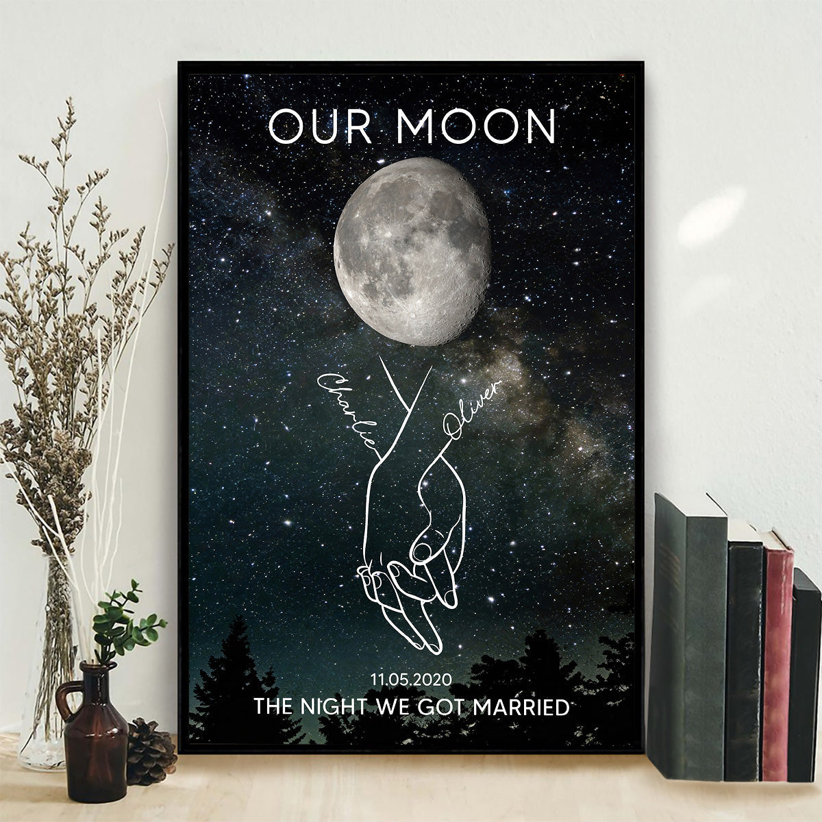 Timeless Love Couple Holding Hands Line Art Custom Moon Phase Anniversary Date - Personalized Poster - Gift For Couple