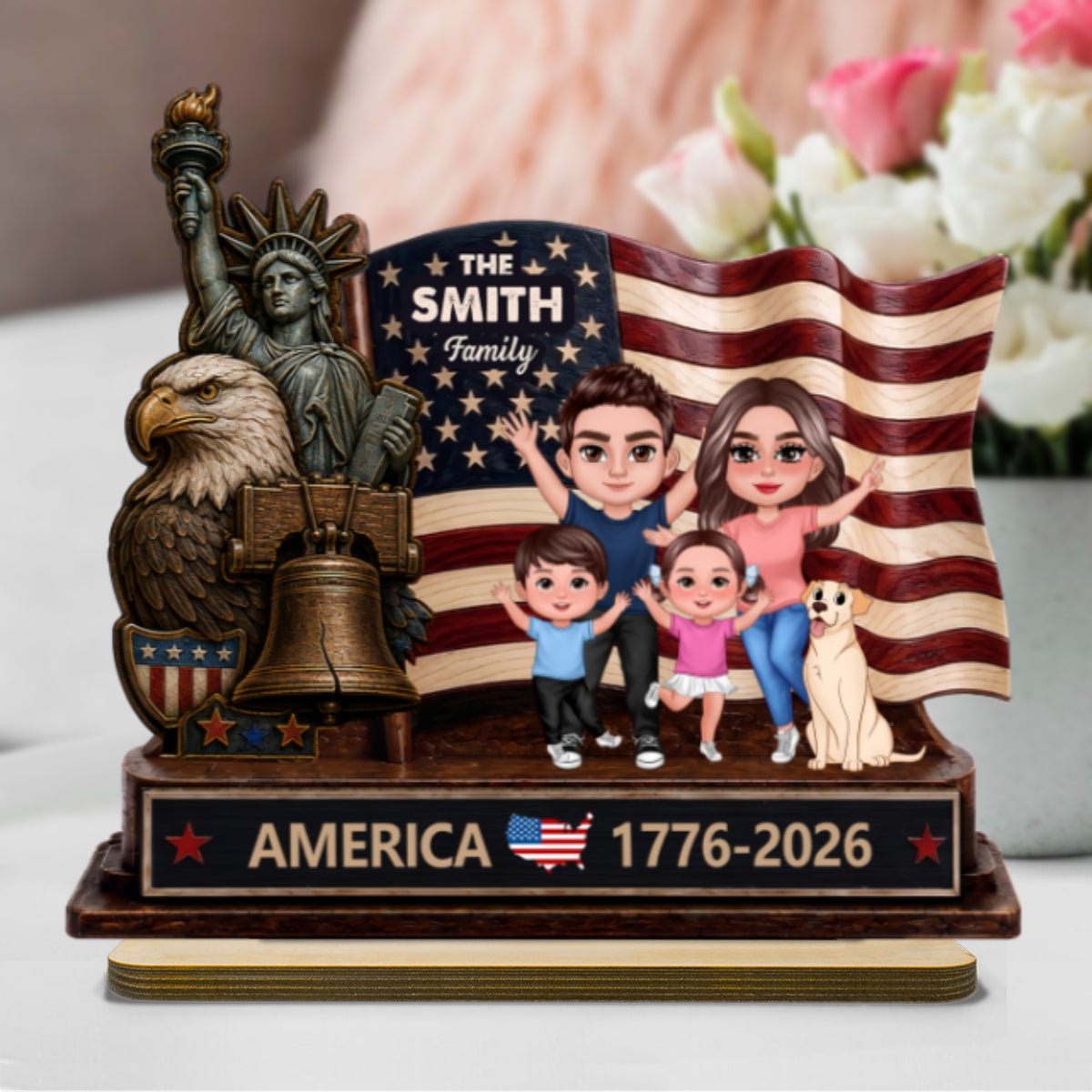 Happy 250th Anniversary 2D Flat - Personalized 2-Layered Wooden Plaque - America 250th Anniversary Keepsake, 4th Of July Family Home Decor