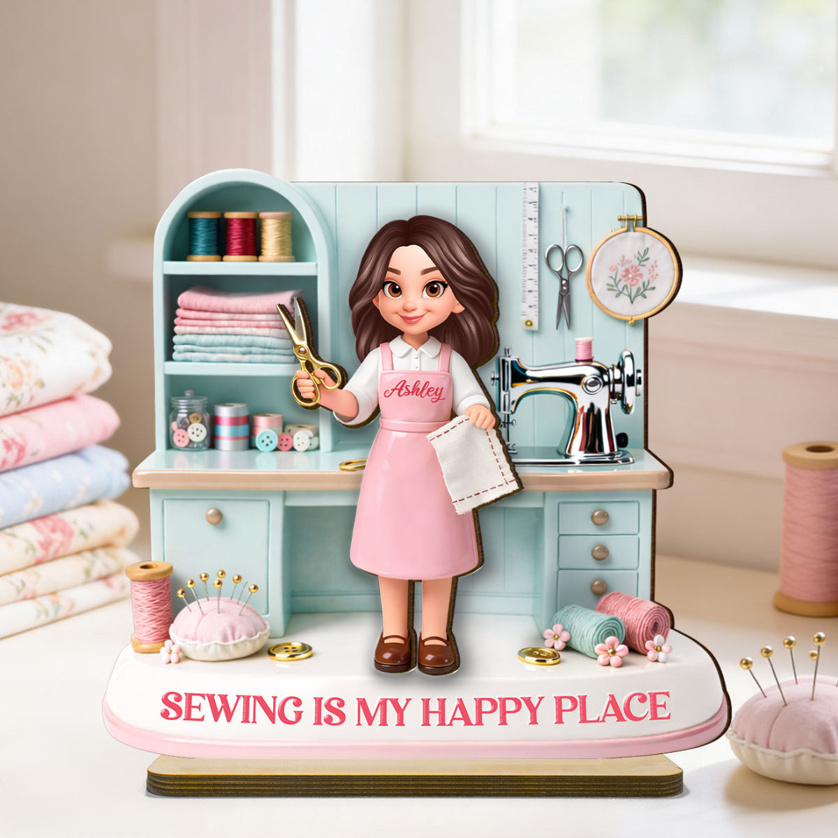 Sewing Is My Happy Place - Personalized 2-Layered Wooden Plaque - Gift For Mom, Grandma