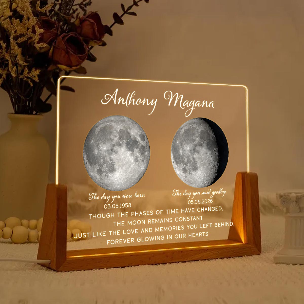 Lost Loved One Moon Phase Art Memorial - Personalized Acrylic LED Night Light - Memorial Gift, Sympathy Gift