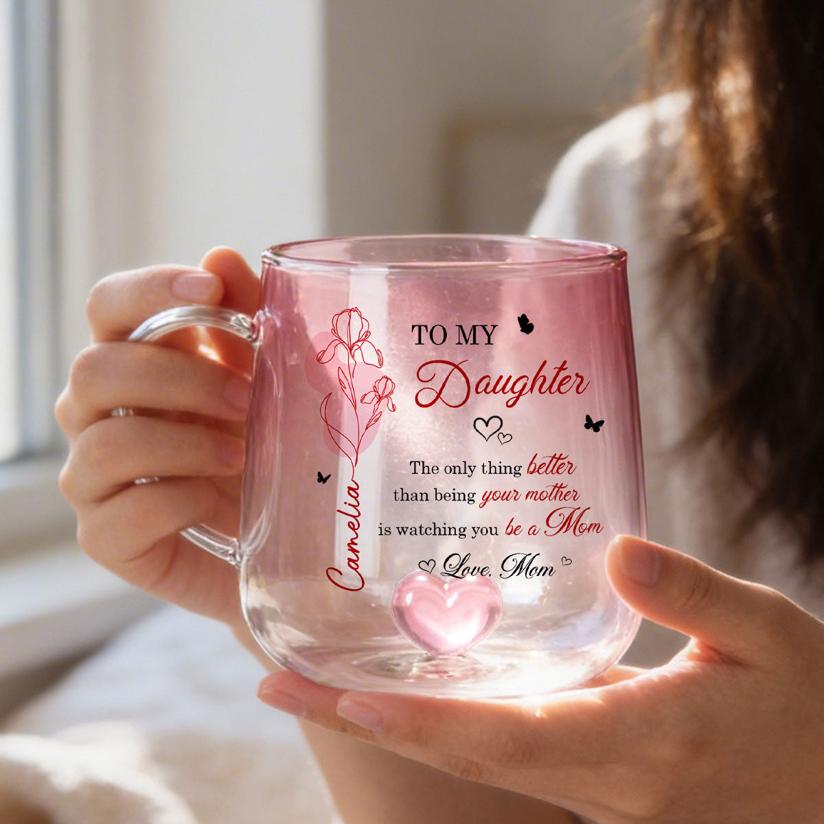 Watching You Be a Mom - Personalized Glass Mug - Custom Birth Month Flower, Heartfelt Mother's Day Gift for Daughter