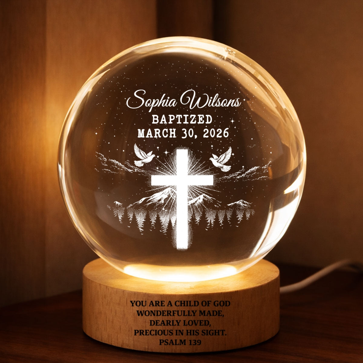 You Are a Child of God Baptism - Personalized Crystal Ball LED Night Light - Nursery Decor