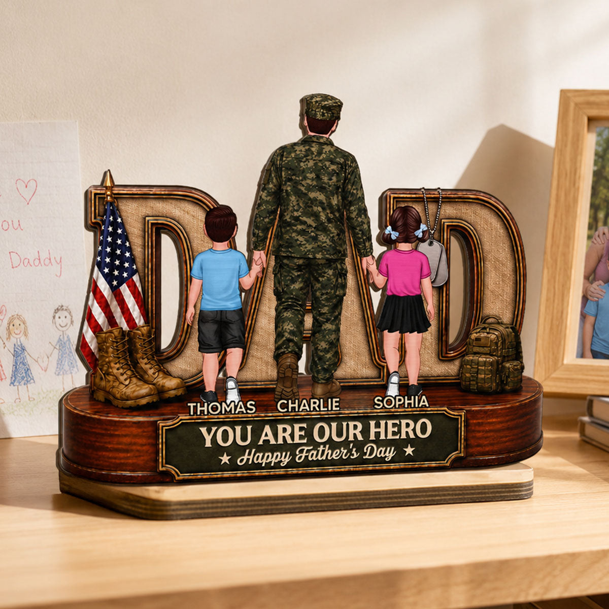 Proud American Army Dad You Are Our Hero - Personalized 2-Layered Wooden Plaque -  Gift For Dad, Husband