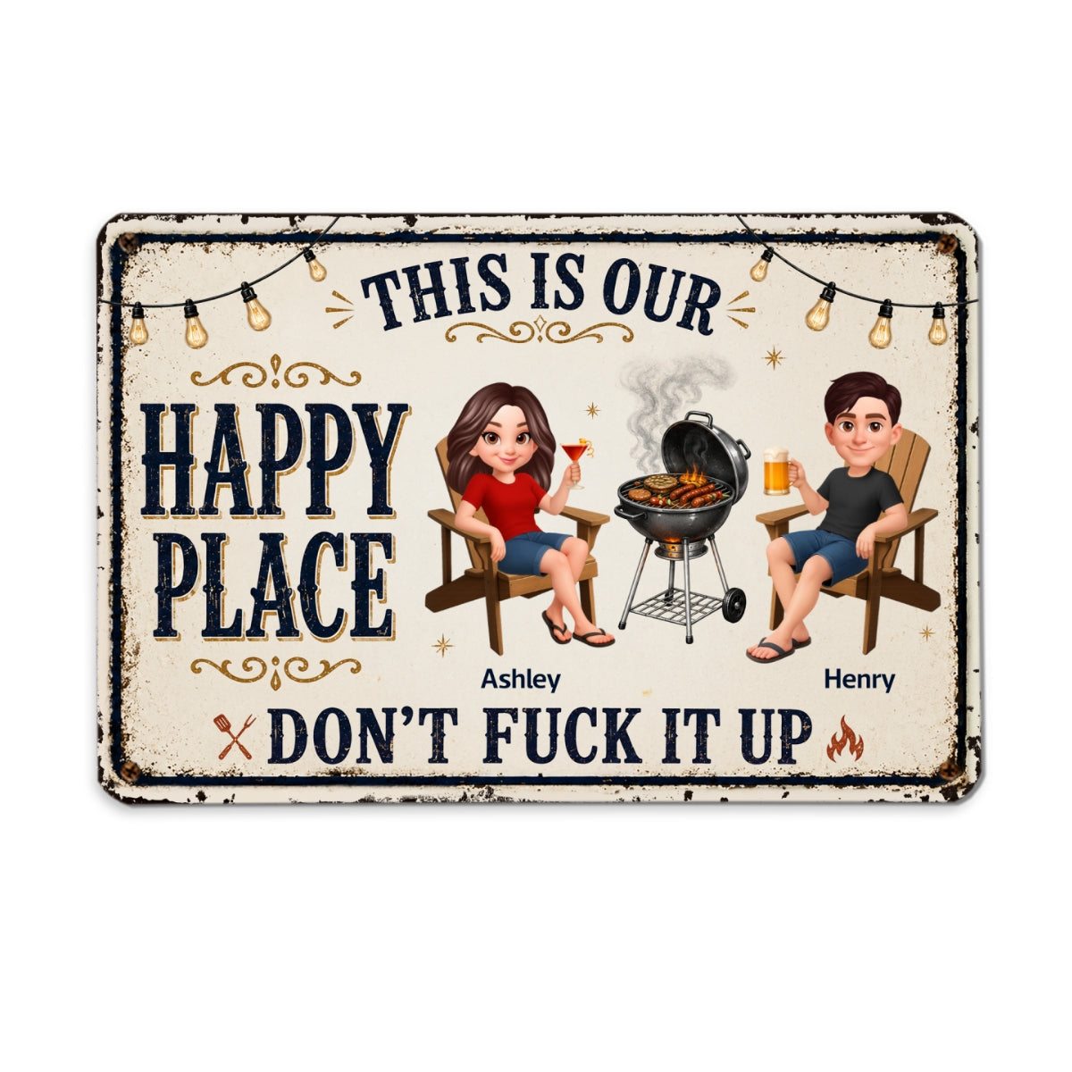 This Is Our Happy Place Backyard Bar Grilling - Personalized Metal Sign - Funny Sarcasm Summer Decoration