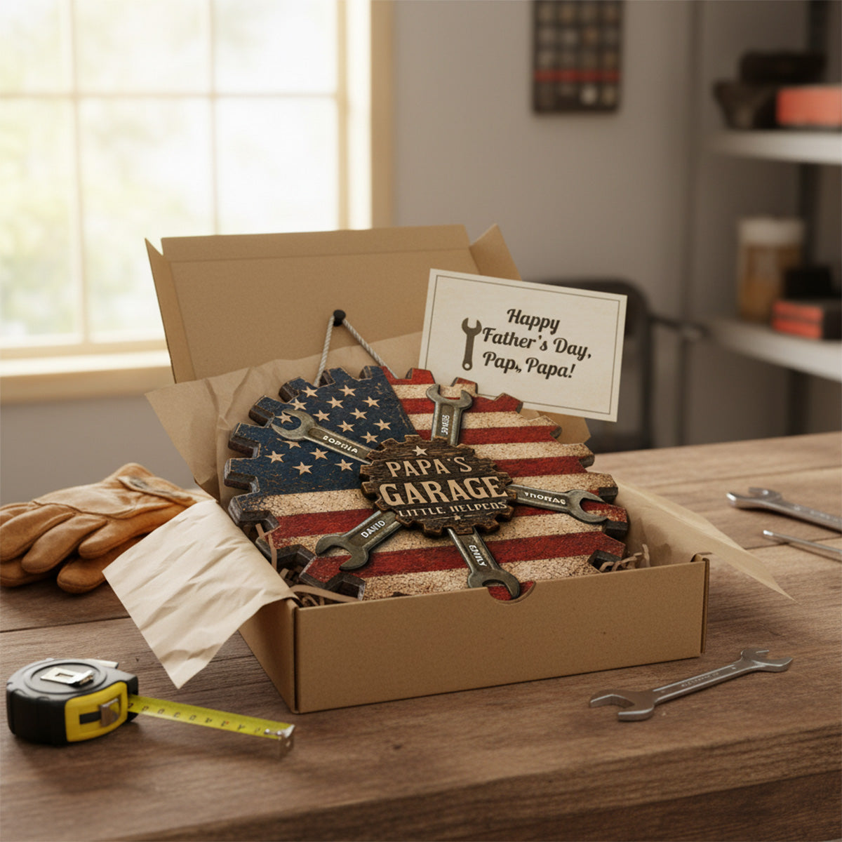 Rustic Workshop Little Helpers Nation Flag Theme 2D Flat - Personalized Wooden Garage Sign - Father's Day Gift For Patriotic Mechanic Dad, Grandpa