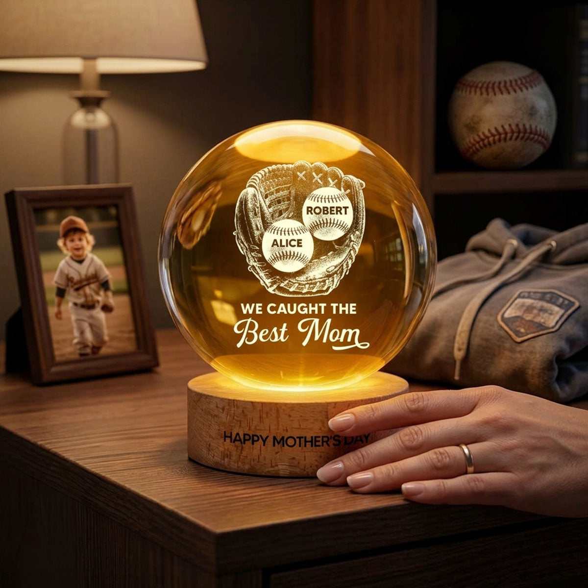 Baseball In Baseball Glove We Caught The Best Mom - Personalized Crystal Ball LED Night Light - Mother's Day Gift For Baseball Mom