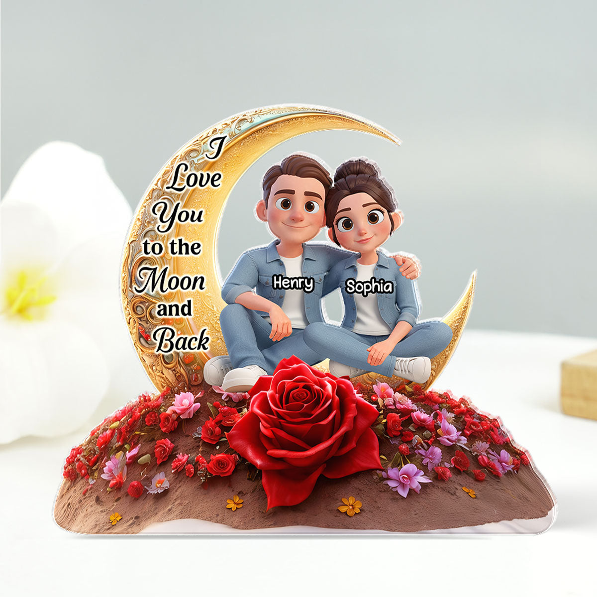 I Love You To The Moon And Back Moon Rose - Personalized Acrylic Block Plaque - Anniversary, Valentine's Day Gift, Gift For Him, Gift For Her