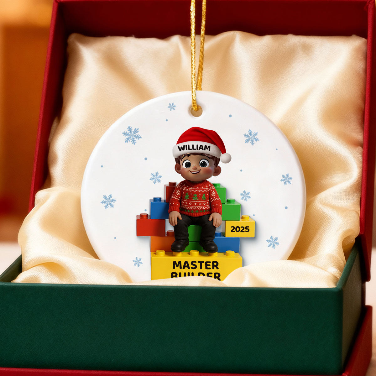 3D Effect Little Kid Master Builder Christmas - Personalized Ceramic Ornament - Christmas Gift For Grandkids, Grandson, Granddaughter