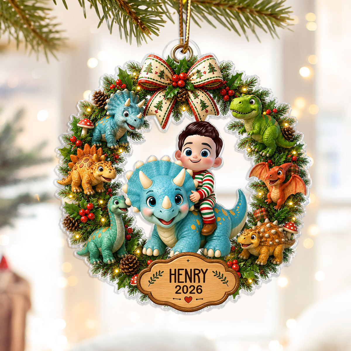 Trending Cute Cartoon Kid With Dinosaur - Personalized Acrylic Ornament - Christmas Gift For Boys, Girls
