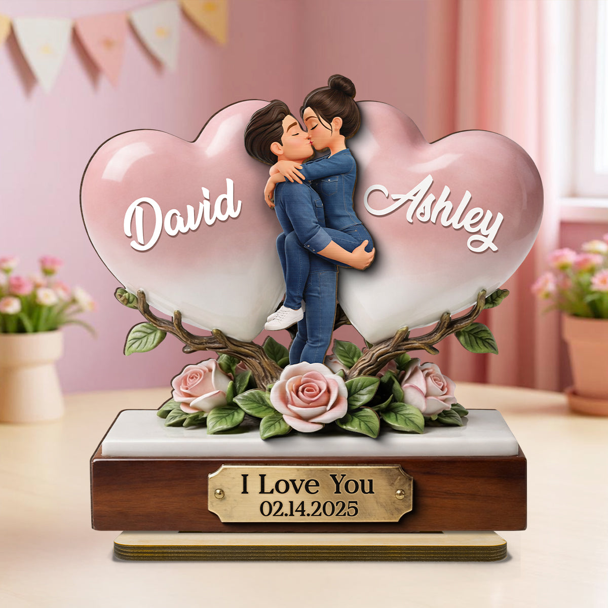I Love You Couple Heart Rose - Personalized 2-Layered Wooden Plaque - Anniversary, Valentine's Day Gift, Gift For Him, Gift For Her