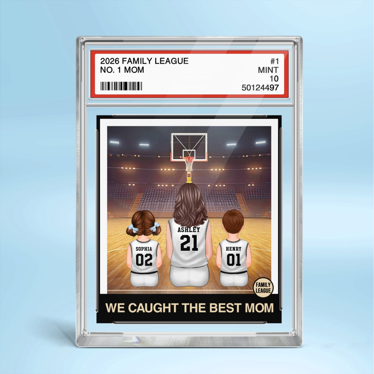 Basketball Mommy's Dream Team No. 1 Mom & Kids Sitting Trading Card Style - Personalized Acrylic Block Plaque