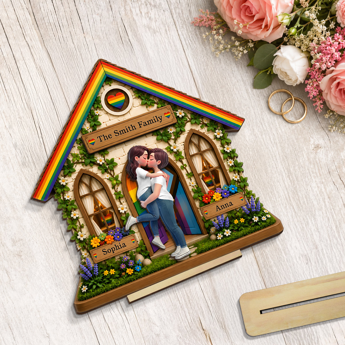 LGBT+ Family House Couple - Personalized 2-Layered Wooden Plaque - Gift For Couple, Happy Pride Month