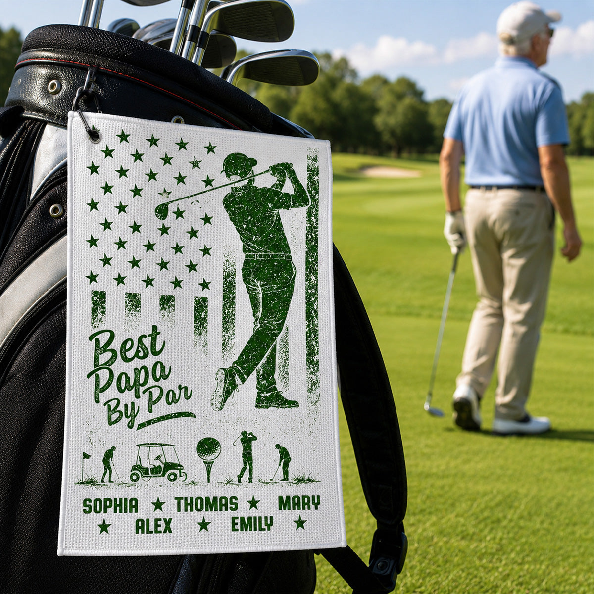 Best Dad Grandpa By Par Nation Flag Kid Custom Name - Personalized Golf Towel - Father's Day Gift For Golfers