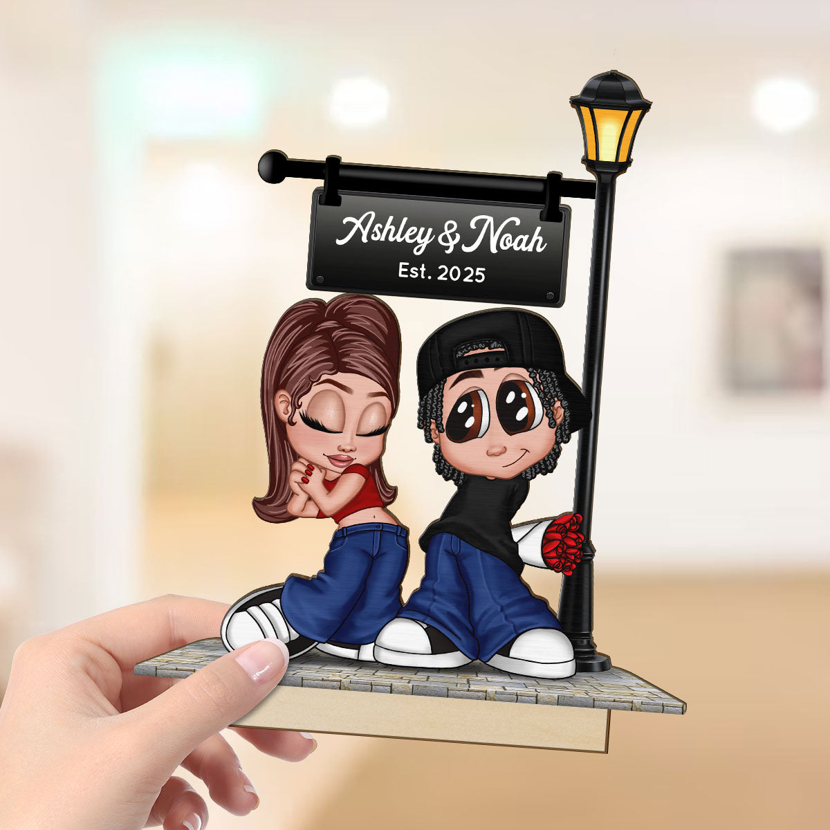 Eternal Love Y2K Couple Under Street Lamp Post - Personalized 2-Layer Wooden Plaque - Gift For Couple, Gift For Him, For Her