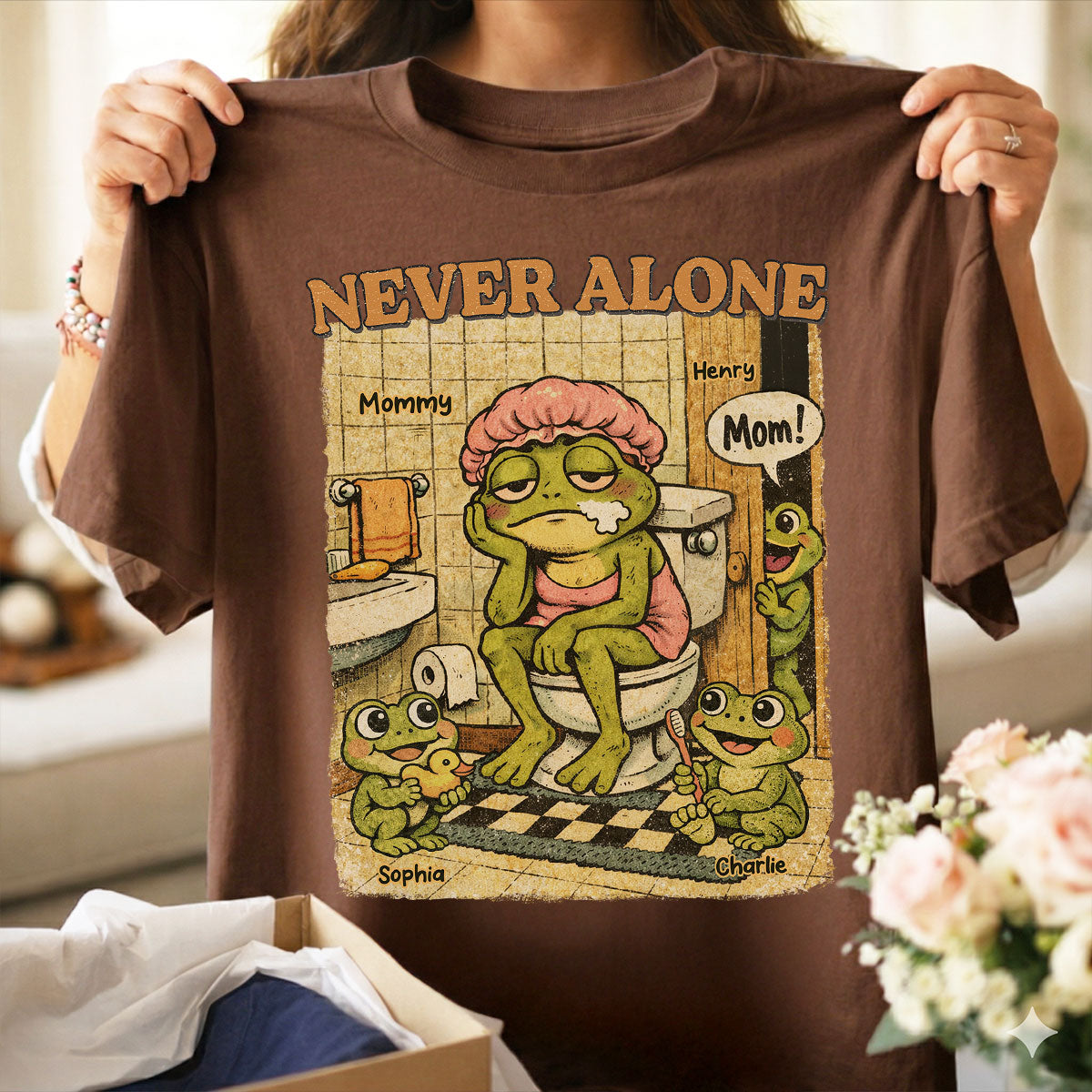 Retro Frog Mom Never Alone - Personalized Shirt - Funny Mother's Day Gift For Mom, Overstimulated, Humor, Snarky Motherhood
