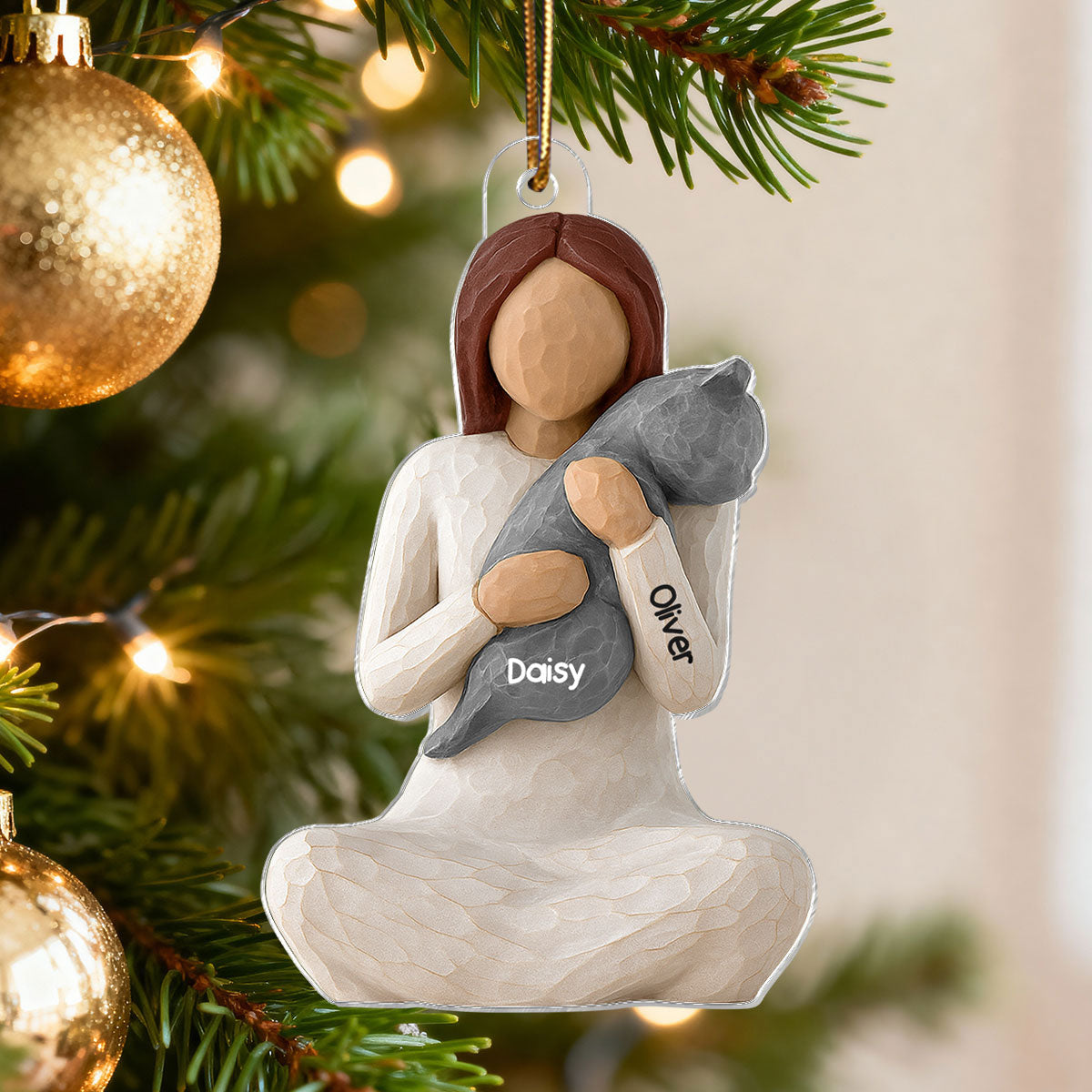 3D Effect Woman Hugging Cat - Personalized Acrylic Ornament - Christmas Gift For Cat Lovers, Cat Mom