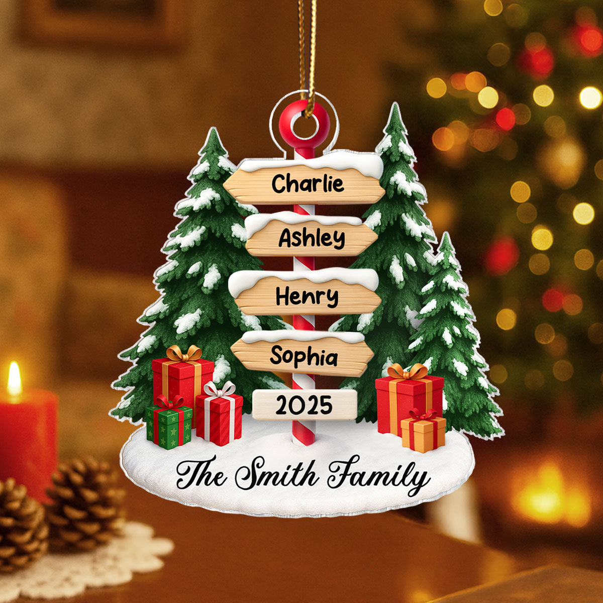 Family Member Direction Sign Post - Personalized Acrylic Ornament - Christmas Gift for Family