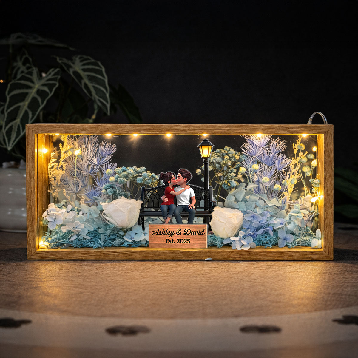 Eternal Love Couple Sitting Kissing - Personalized DIY Flower Shadow Box LED Night Light - Gift For Couple, For Him, For Her