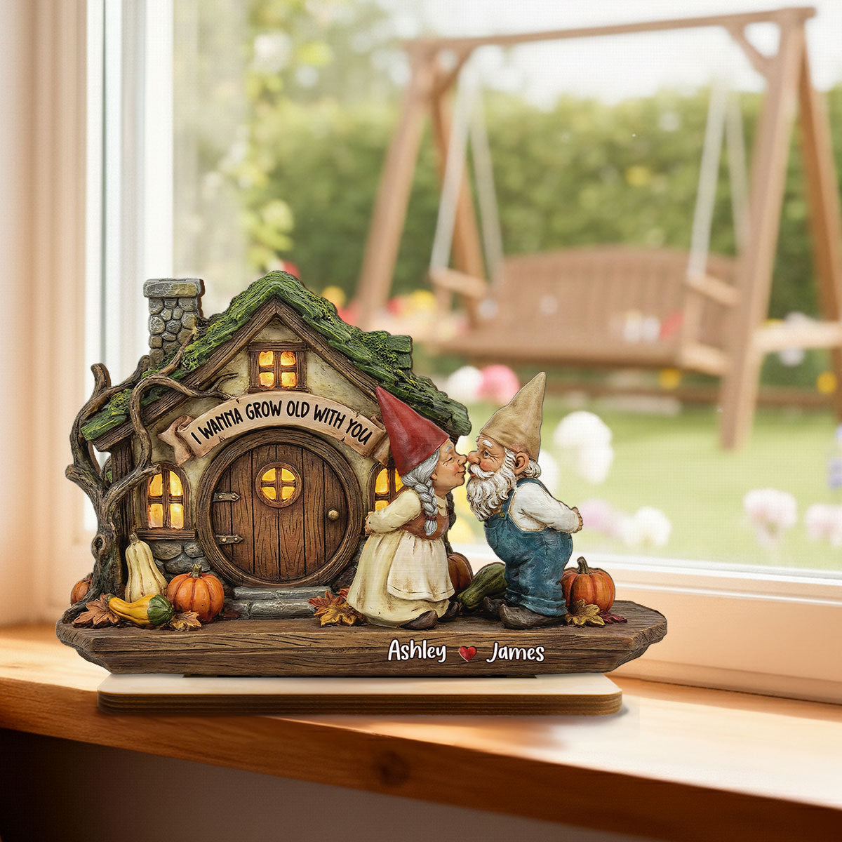 Wanna Grow Old With You Gnome Couple Kissing 2D Flat - Personalized 2-Layered Wooden Plaque - Anniversary, Valentine's Day Gift For Him, Gift For Her