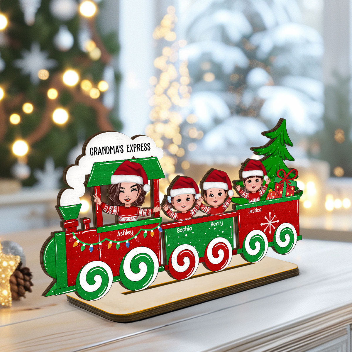 Cute Kids On Christmas Train Personalized 2-Layer Standing Wooden Plaque