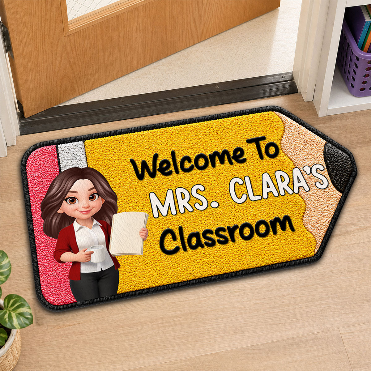 Happy Pencil Teacher Welcome To Classroom - Personalized Doormat - Back To School Gift For Teacher, Classroom Decor