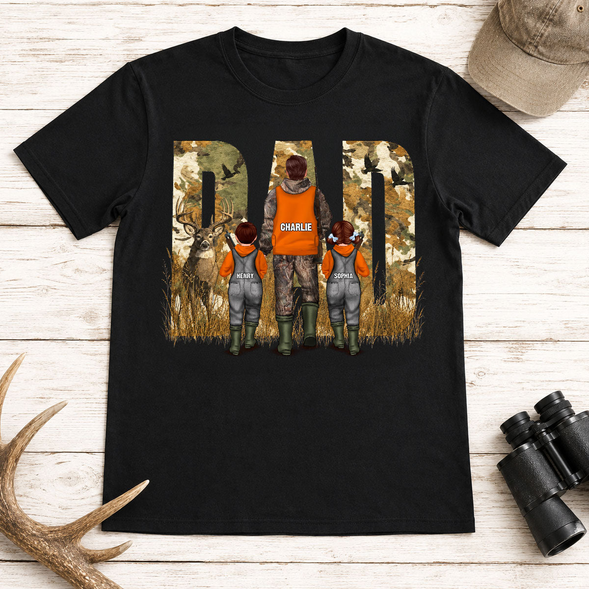 Hunting Dad & Children - Personalized Shirt - Outdoor Father's Day Gift for Dad, Husband