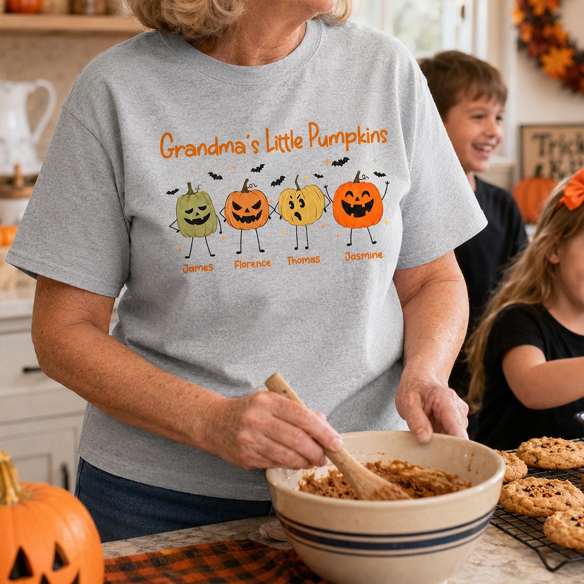 Grandma's Little Pumpkins Doodle Jack-o'-lantern Pumpkins - Personalized Shirt - Perfect Halloween Costume For Grandma, Mom