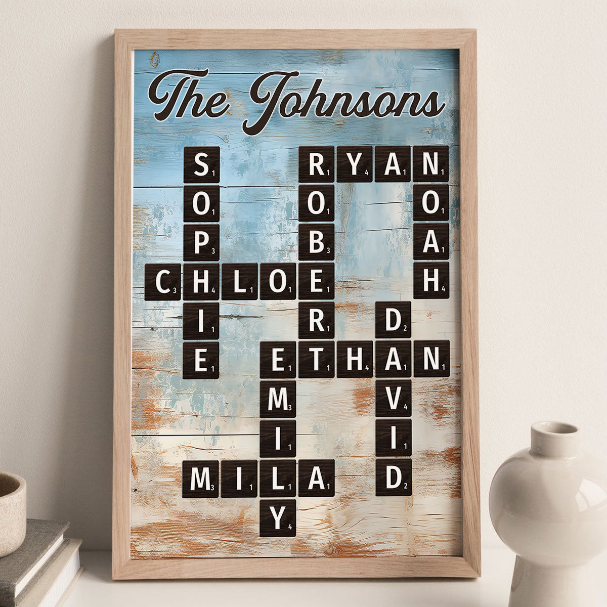 Family Crossword Puzzle Blue Rustic Wood Palette - Personalized Poster - Wall Art Home Decor