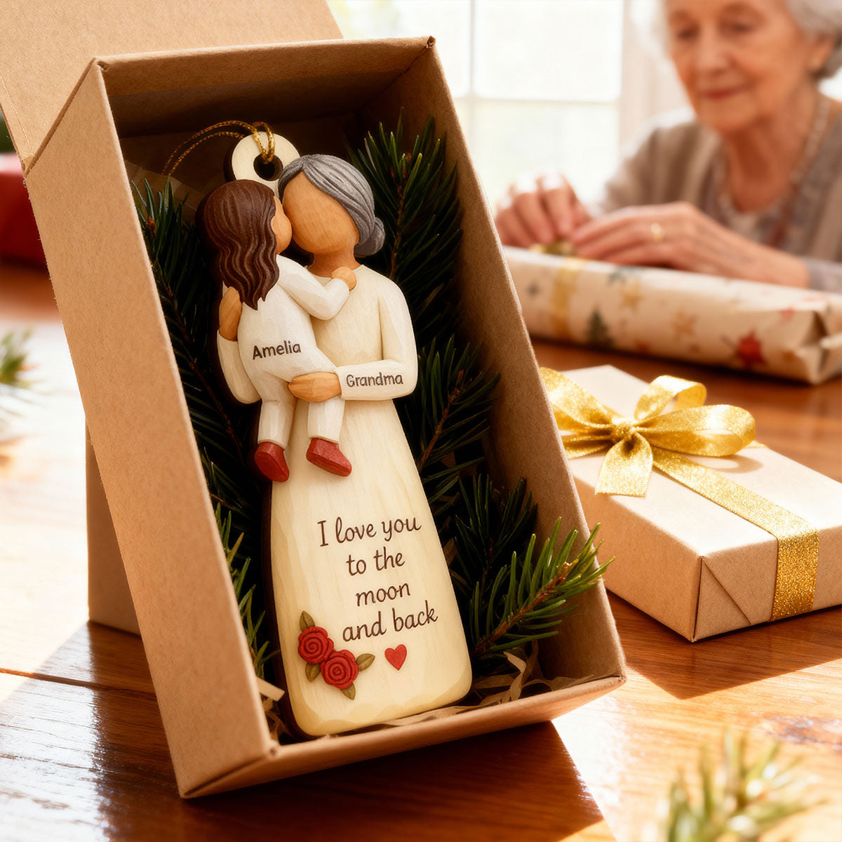 Grandma Hugging Grandkid 3D Effect - Personalized Wooden Ornament