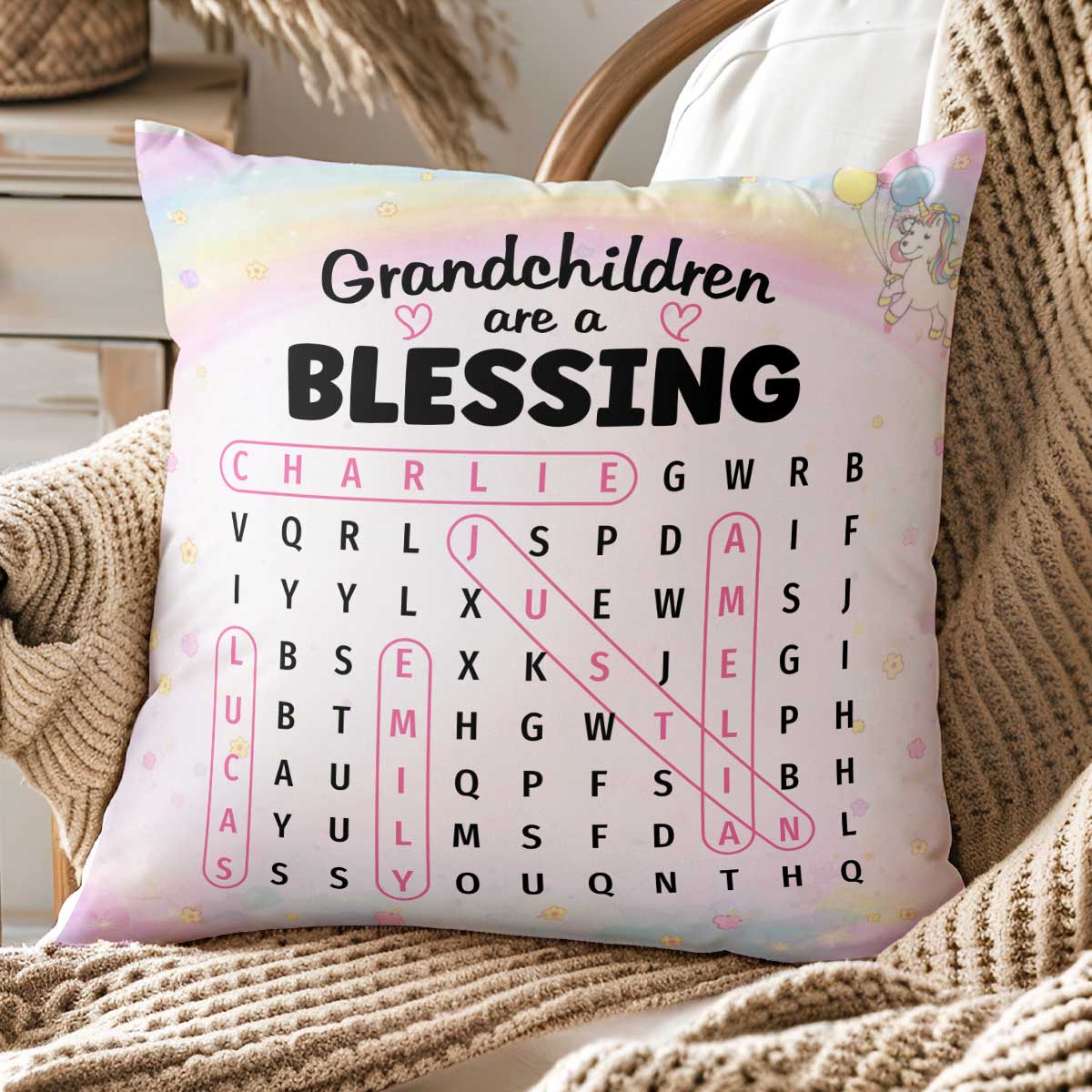 Grandchildren Are A Blessing Word Search Puzzle - Personalized Pillow - Heartfelt Gift for Grandma