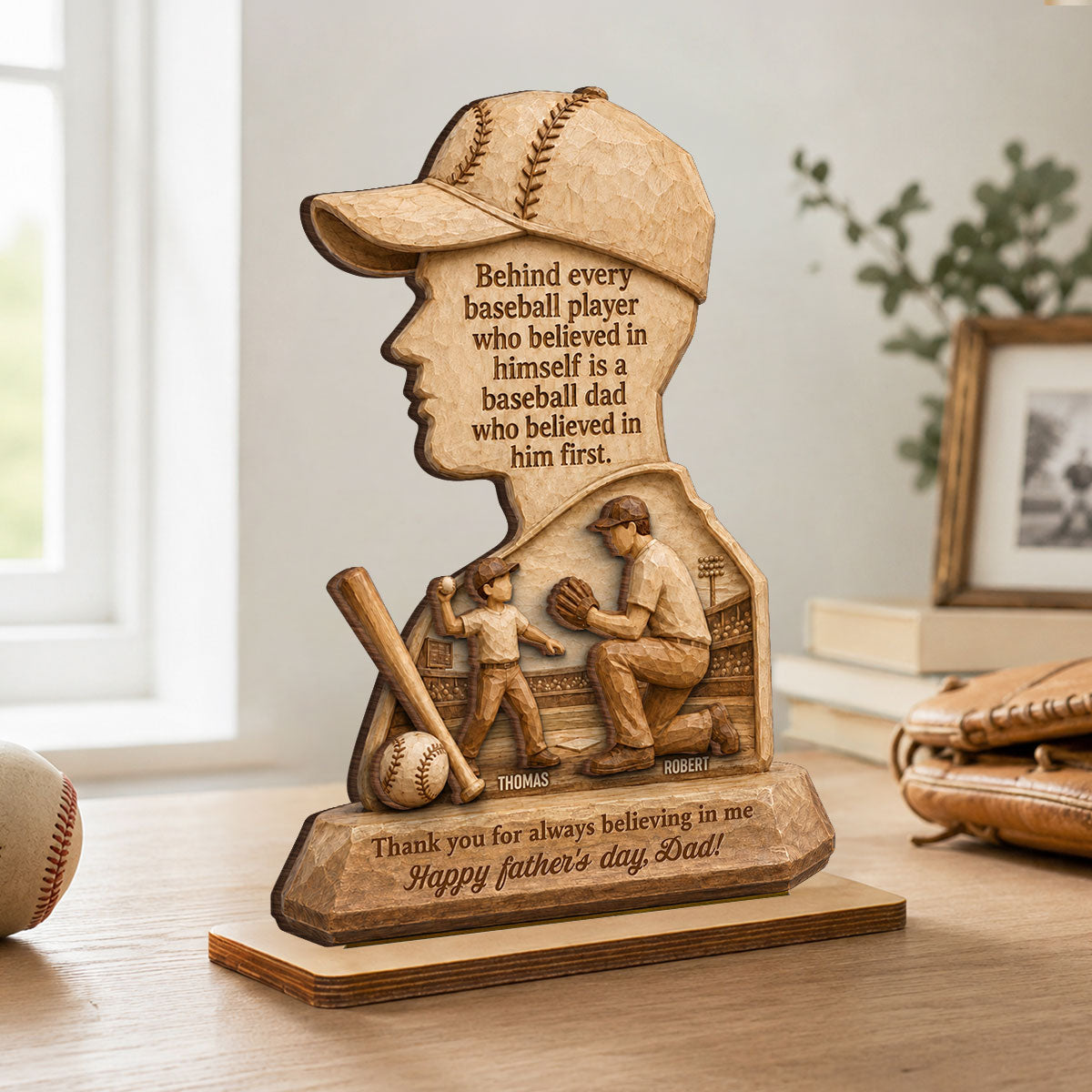 Behind Every Baseball Player is a Baseball Dad - Personalized 2-Layered Wooden Plaque -  Gift for Dad, Husband