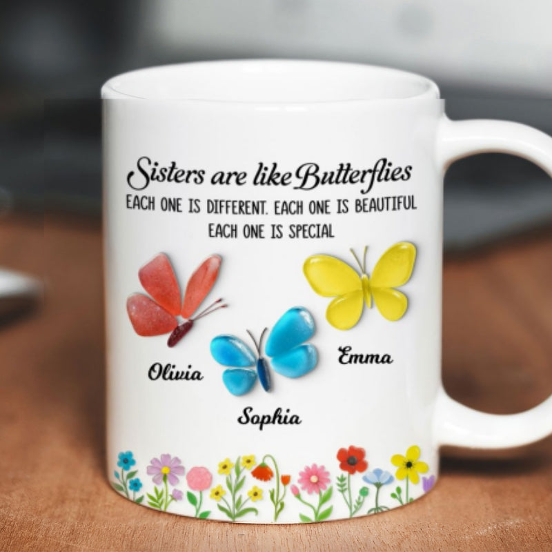 Sisters Are Like Butterflies 3D Effect Sea Glass - Personalized Mug - Christmas Gift for Sisters, Siblings