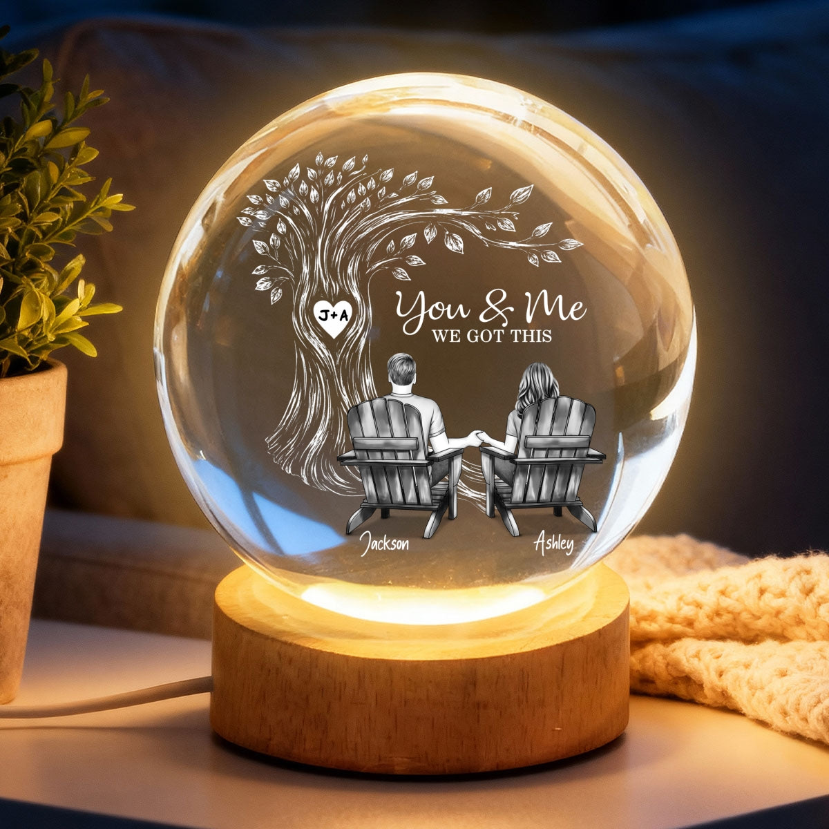 Eternal Love Couple Under Heart Carved Tree - Personalized Crystal Ball LED Night Light - Valentine's Day Gift For Couple