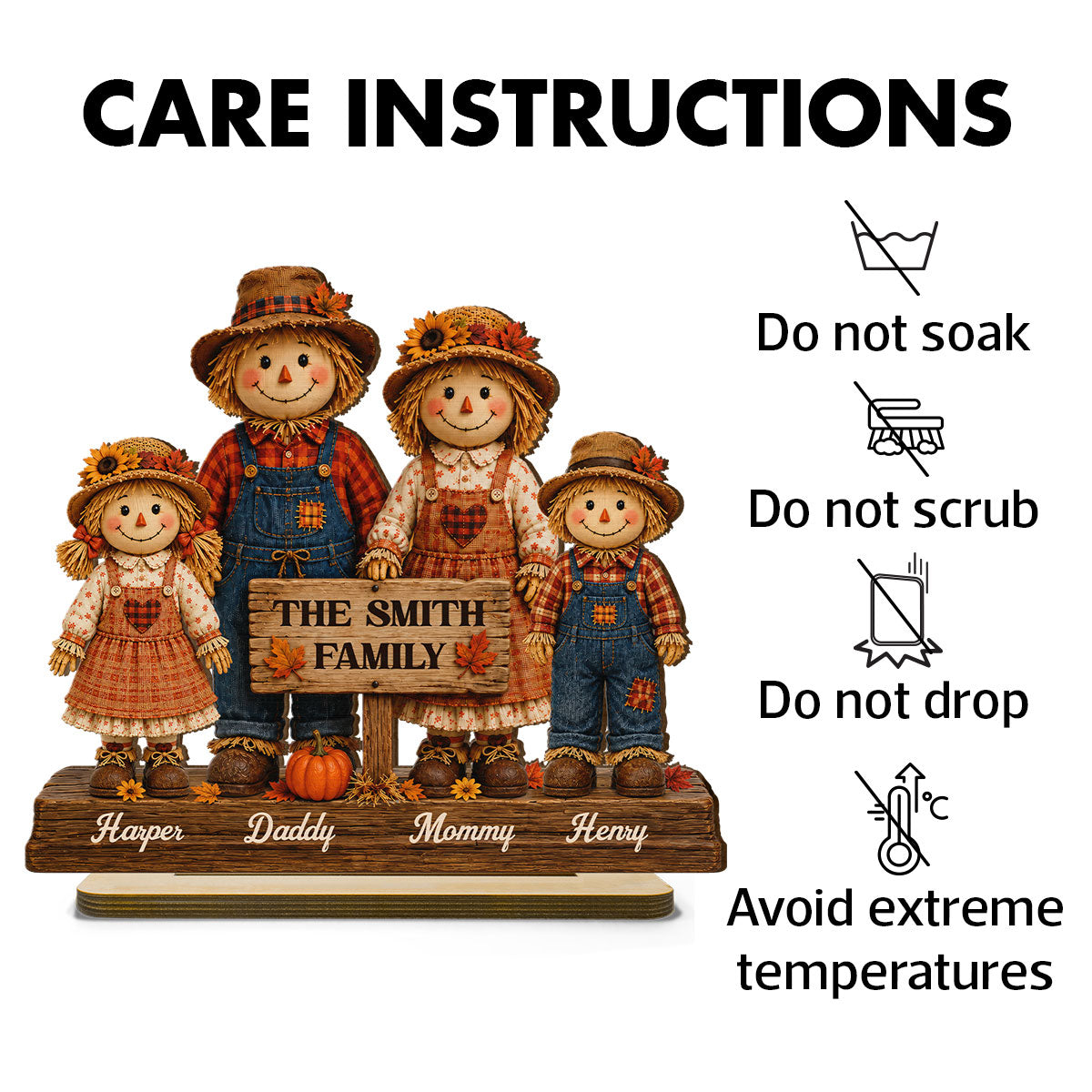 Scarecrow Family Fall Season 2D Flat - Personalized Standing Wooden Plaque