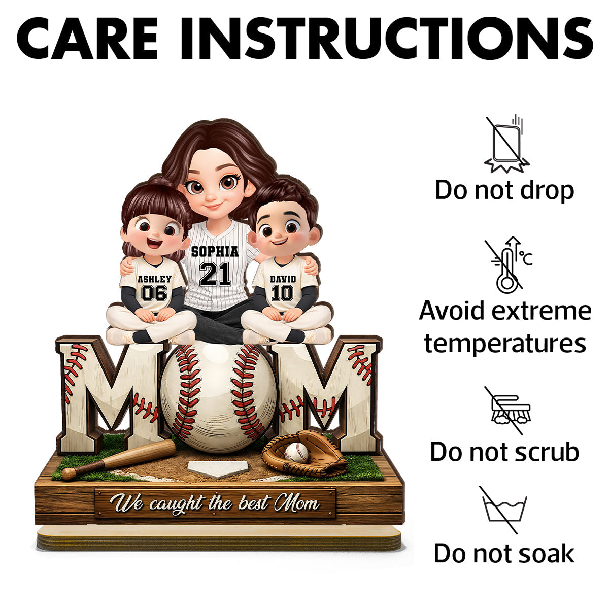 Baseball Mom and Kids We Caught the Best Mom - Personalized 2-Layered Wooden Plaque - Heartfelt Gift for Mom
