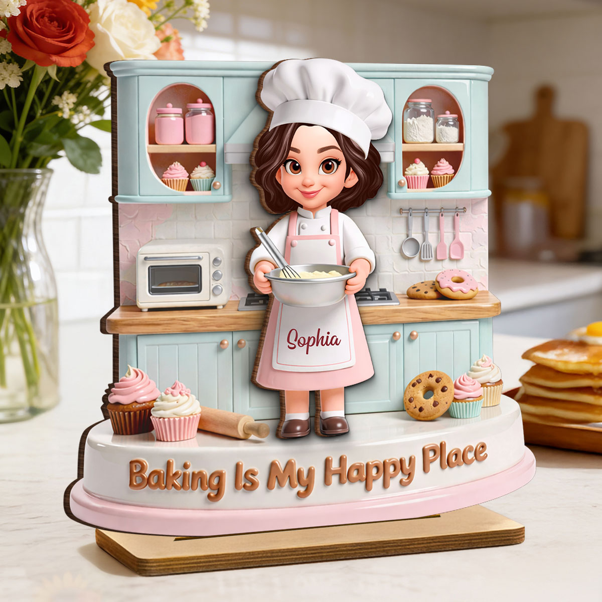 Baking Is My Happy Place - Personalized 2-Layered Wooden Plaque - Gift For Mom, Grandma