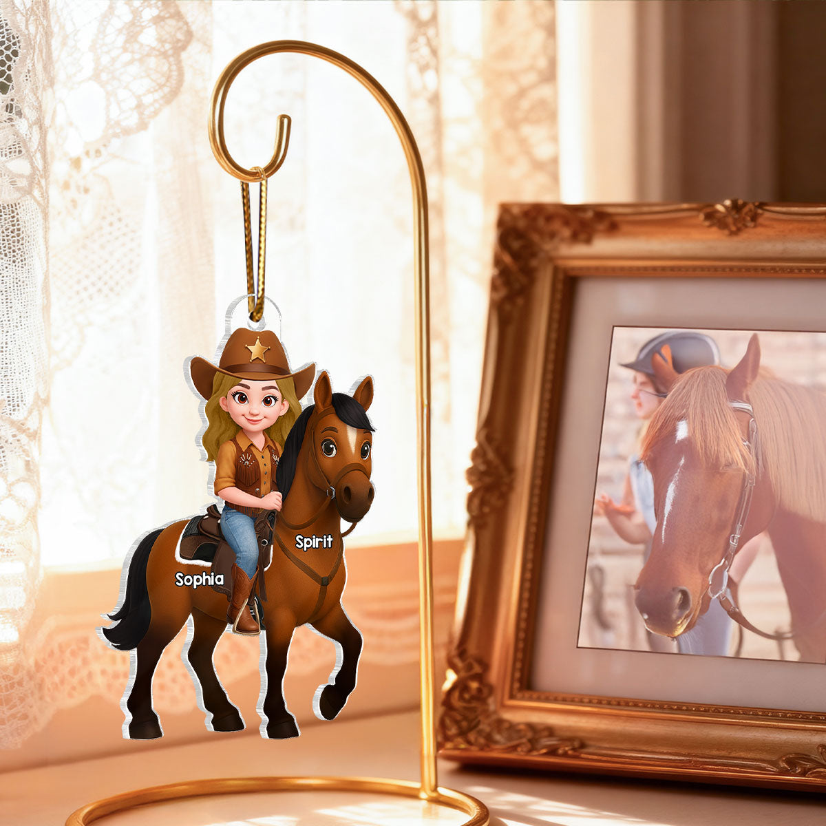 3D Effect Girl And Her Horse - Personalized Acrylic Ornament - Christmas Gift for Horse Lovers