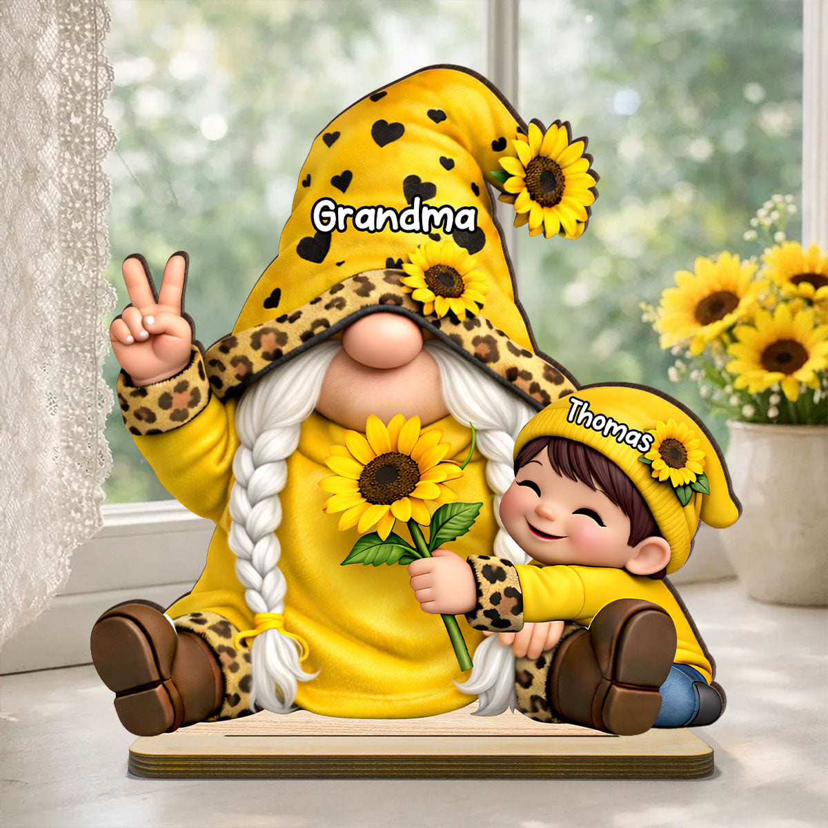 Gnome Grandma & Grandkids Sunflower - Personalized 2-Layered Wooden Plaque - Sentimental Mother's Day Gift for Grandma