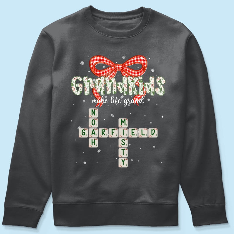 Grandkids Make Life Grand Coquette Floral Christmas Pattern Crossword Puzzle Art - Personalized Shirt