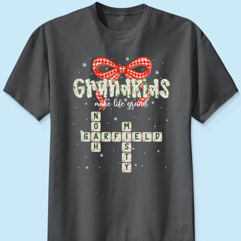 Grandkids Make Life Grand Coquette Floral Christmas Pattern Crossword Puzzle Art - Personalized Shirt