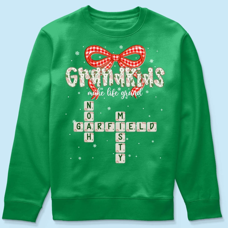 Grandkids Make Life Grand Coquette Floral Christmas Pattern Crossword Puzzle Art - Personalized Shirt